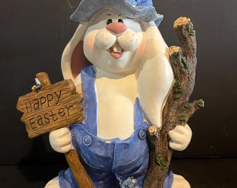 Vintage Happy Easter Bunny Rabbit Figurine Canasia Toys & Gifts Blue Overalls 12 Inch