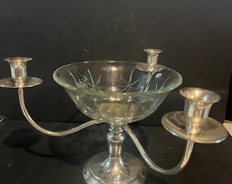 Vintage Silver Plated 3 Arm Candelabra with Cut Glass Bowl Centerpiece Candle Holder