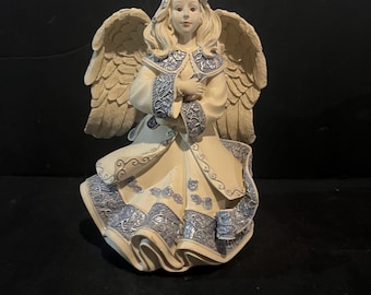 Vintage Angel Figurine Music Box Cream Silver Winged Angel Wind Up Collectible Decor