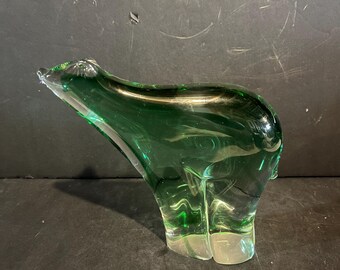 Hand Blown Art Glass Bear Sculpture – Emerald Green Clear Animal Decor