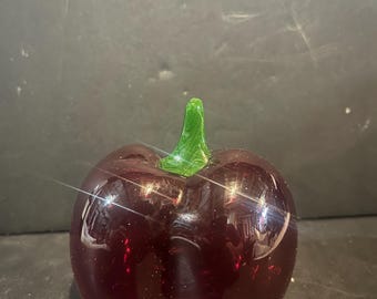 Vintage Blown Glass Red Apple Paperweight, Green Stem Art Glass Figurine