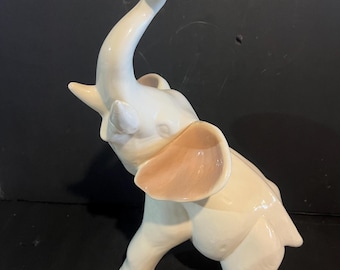 Vintage Large White Ceramic Elephant Figurine Raised Trunk Statue Home Decor 13 Inch