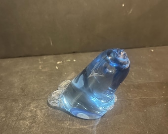 Vintage Blue Art Glass Seal Figurine: Hand Blown Coastal Decor (3.5 Inch)