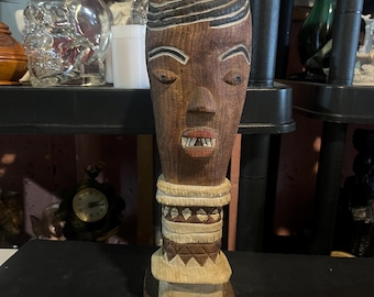 Vintage Hand Carved Wooden African Style Tribal Face Sculpture Mask on Stand 17 Inch