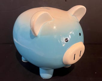 Vintage Blue Ceramic Piggy Bank Large Pig Coin Bank Retro Nursery Decor