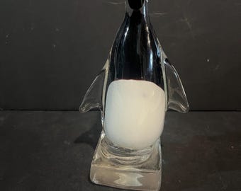Vintage Fifth Avenue Crystal Penguin Figurine Clear Black White Art Glass Paperweight
