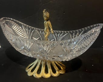 Vintage Crystal Cherub Centerpiece Bowl Gold Tone Pedestal Compote 13 Inch