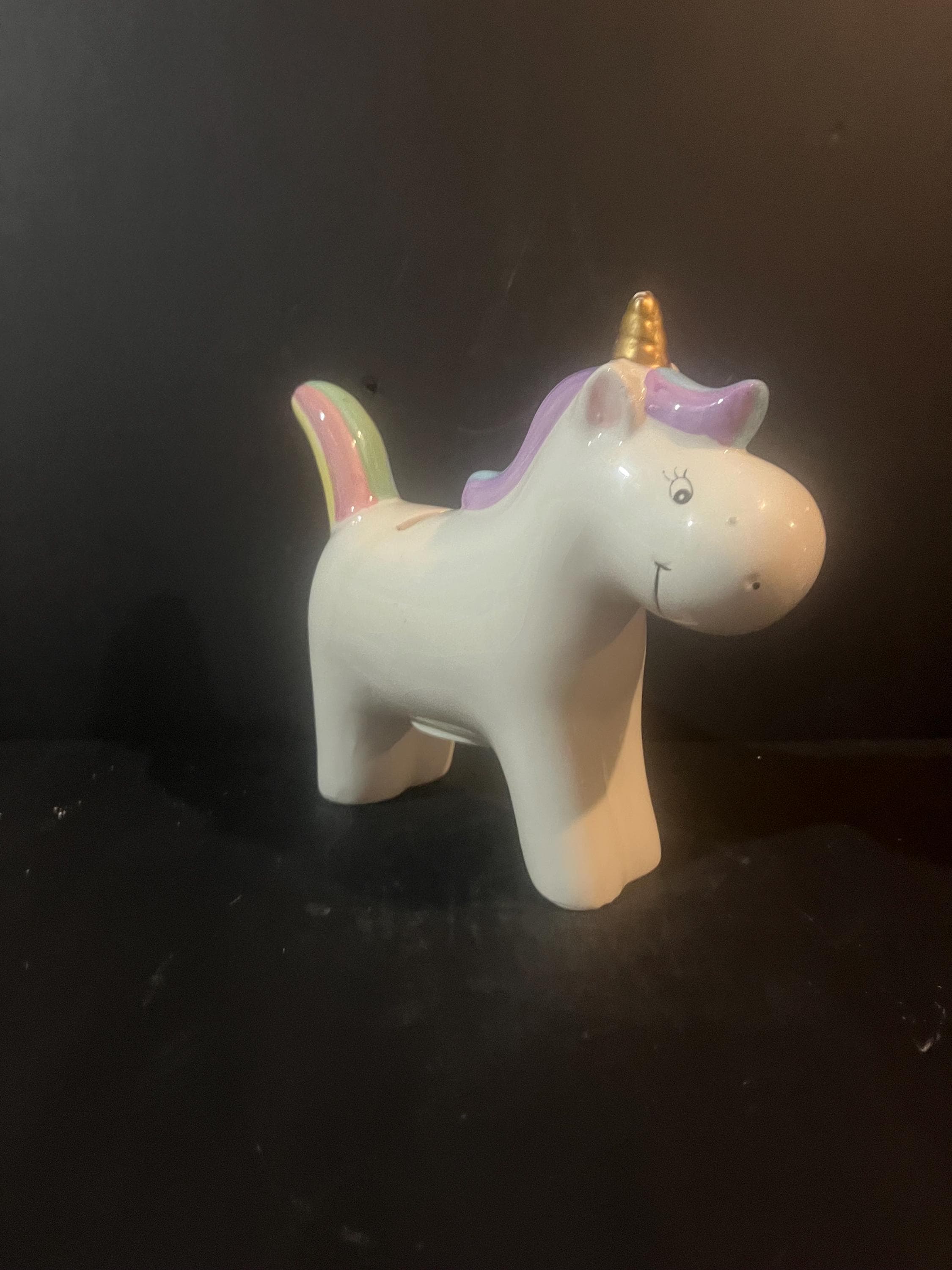 Ceramic Unicorn Piggy Bank: Rainbow Mane, Gold Horn, Nursery Decor