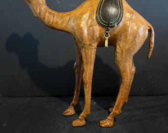 Vintage Leather Camel Figurine with Decorative Saddle Middle Eastern Style Animal Sculpture