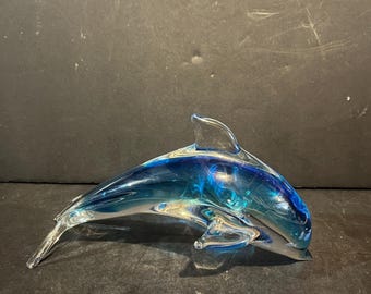 Vintage Hand Blown Blue Art Glass Dolphin Figurine Clear Glass Ocean Animal Sculpture