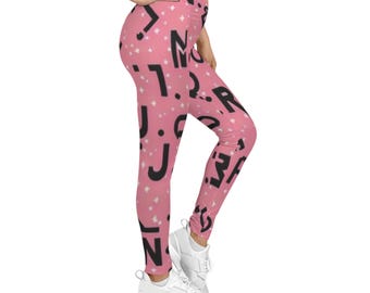 Leggings con estampado de letras dispersas / Estampado integral del alfabeto rosa