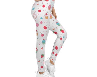 Leggings con estampado de dulces kawaii / Cupcakes, fresas y corazones estampados por toda la prenda