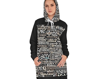 Typography Collage Hoodie Dress | All-Over-Print Text Pattern