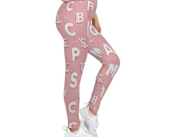 Leggings con estampado rosa de letras blancas dispersas