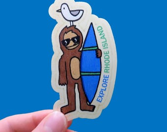 Bigfoot Rhode Island Sticker, Wood Sticker, Cool Sasquatch, Cryptid With Sunglasses, Surfer, Rhode Islanders Gift, Travel Vinyl Sticker