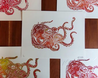 Red Octopus Linocut Print, Hand Drawn Details, Ocean Inspired Art, 8x6 inches