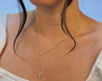 Eternal Round-Marquise Drop Pendant | 0.84ct Lab Grown Diamond | 14K White Gold | Elegant Diamond Soirée Adjustable Pendant