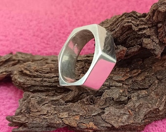 925 Streling Silver, Hex Nut Ring, Modern Industrial Geometric Hexagonal Stainless Steel Band Ring