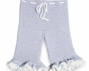 Handmade Crochet Bell Bottom Pants, Blue Cotton Toddler Ruffle Outfit
