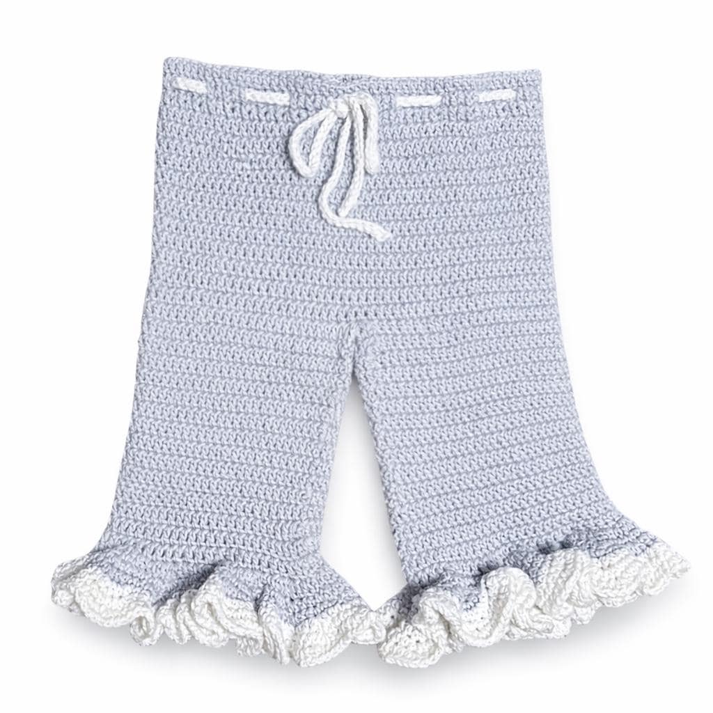 Handmade Crochet Bell Bottom Pants, Blue Cotton Toddler Ruffle Outfit