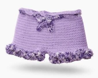Handmade Crochet Shorts with Ruffle Hem, Purple Cotton Baby Girl Bottoms,