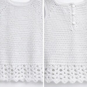 May include: A white sleeveless top featuring a dense crochet stitch pattern throughout the main body and a decorative, openwork scalloped crochet border along the hem. The back view displays a vertical placket with three small white buttons.