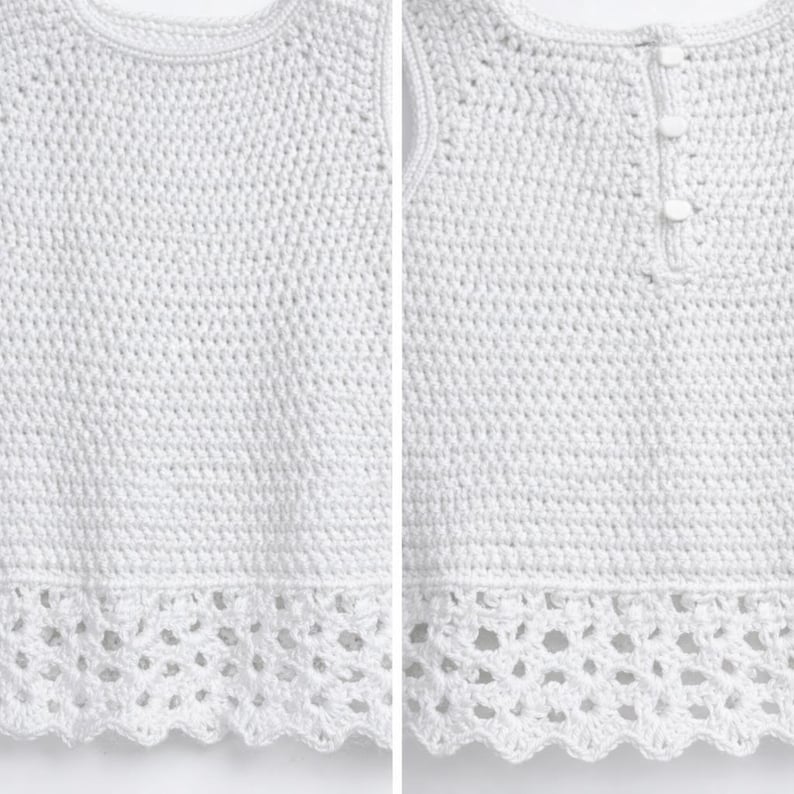May include: A white sleeveless top featuring a dense crochet stitch pattern throughout the main body and a decorative, openwork scalloped crochet border along the hem. The back view displays a vertical placket with three small white buttons.