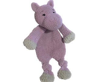 Crochet Hippo Snuggler: Amigurumi Toddler Security Blanket, Plush Chenille Boho Lovey