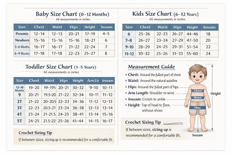 May include: A comprehensive size chart for babies, toddlers, and kids featuring tables with measurements in inches for chest, waist, hips, height, and inseam. Includes a measurement guide with an illustration of a child and crochet sizing tips.