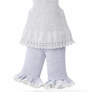 May include: A two-piece crochet outfit consisting of a sleeveless light blue top with a flared hem and a decorative scalloped border, paired with matching light blue pants that feature wide, ruffled white cuffs at the bottom of each leg.
