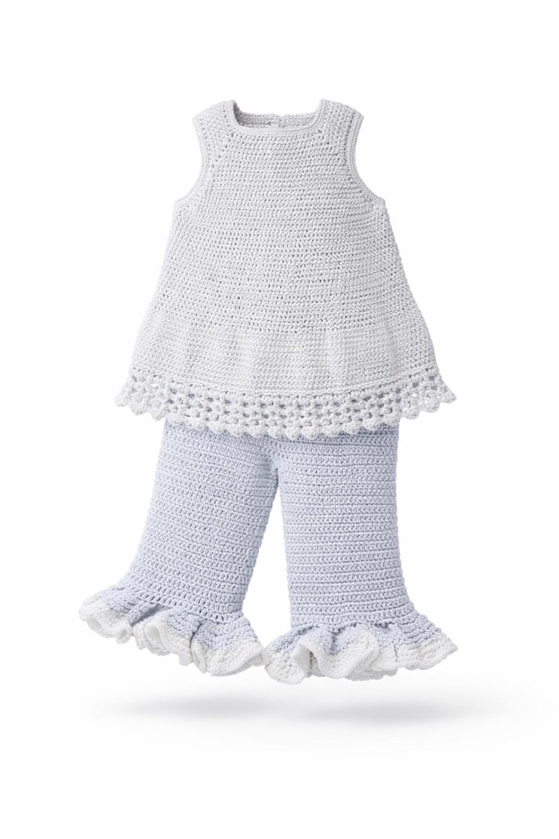 May include: A two-piece crochet outfit consisting of a sleeveless light blue top with a flared hem and a decorative scalloped border, paired with matching light blue pants that feature wide, ruffled white cuffs at the bottom of each leg.