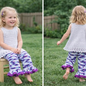 May include: A sleeveless light gray crochet top with a scalloped hem paired with crochet pants featuring a variegated pattern of purple, blue, and white, finished with ruffled purple edges at the bottom of each pant leg.