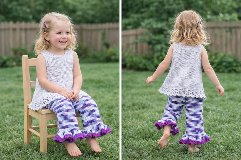 May include: A sleeveless light gray crochet top with a scalloped hem paired with crochet pants featuring a variegated pattern of purple, blue, and white, finished with ruffled purple edges at the bottom of each pant leg.