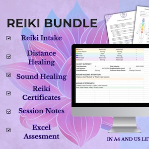 May include: A Reiki bundle digital product set featuring a computer monitor displaying a chakra assessment spreadsheet, alongside printed forms for intake, distance healing, sound healing, certificates, and session notes, available in US letterhead size.