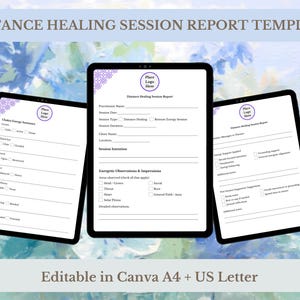 Könnte beinhalten: Drei schwarze digitale Tablets, die eine "Distance Healing Session Report Template" mit Textfeldern und Kontrollkästchen anzeigen. Der obere Text lautet "Distance Healing Session Report Template". Der untere Text lautet "Bearbeitbar in Canva A4 + US Letter".