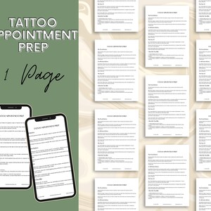 Op de afbeelding: Een digitaal document getiteld Tattoo Appointment Prep met een lay-out van 1 pagina, weergegeven op twee smartphones en meerdere geprinte vellen. De tekst bevat secties voor voorbereidingsrichtlijnen, gezondheidstips en een checklist.
