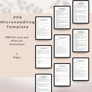 May include: A digital template for PPR Microneedling, featuring pre-care and aftercare instructions. The template is displayed on multiple tablets, with the text "PPR Microneedling Template" and "PRP Pre-Care and Aftercare Instructions" visible. The image shows 4 pages.