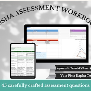 May include: A digital assessment workbook displayed on a tablet and computer screen. The text "DOSHA ASSESSMENT WORKBOOK" arches across the top. The image includes the text "Ayurvedic Prakriti Vikruti Quiz" and "Vata Pitta Kapha Test". The bottom of the image reads "45 carefully crafted assessment questions".
