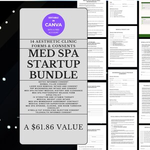 Może przedstawiać: Cyfrowy pakiet produktów dla start-upu med spa, zawierający 14 formularzy i zgód klinik estetycznych. Pakiet zawiera formularze dla Botoxu, wypełniaczy skórnych, depilacji laserowej, mikroigłowania PRP i innych.