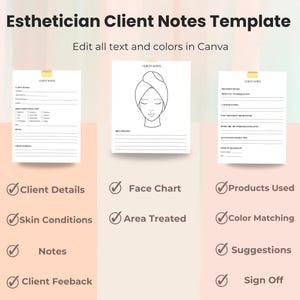 Pode incluir: Modelo de notas para esteticistas com seções para detalhes do cliente, condições da pele, notas e feedback do cliente. Inclui um gráfico facial, área tratada, produtos usados, combinação de cores, sugestões e assinatura. Edite todo o texto e as cores no Canva.