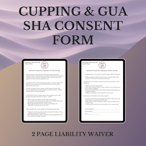 Puede incluir: Dos tabletas digitales que muestran un formulario de consentimiento para la terapia de Cupping & Gua Sha. El formulario incluye secciones para la información del profesional, el consentimiento informado y una exención de responsabilidad. El fondo es un degradado de morado y blanco.