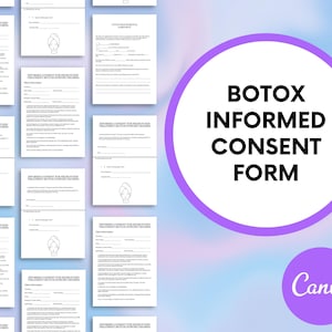 May include: A collection of white, printed forms labeled "Informed Consent for Neurotoxin Treatment (Botox/Dysport/Xeomin)". A large purple circle with the words "Botox Informed Consent Form" is on the right. The Canva logo is in a smaller purple circle.