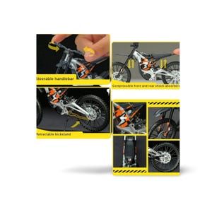 May include: A detailed image of a miniature dirt bike with orange and black accents. Features include a steerable handlebar, compressible front and rear shock absorbers, and a retractable kickstand. The bike's design is highlighted in several close-up shots.