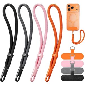 May include: Four braided rope wrist lanyards in black, dark gray, light pink, and orange, each with a matching metal clasp and adjustable slider. Also included is a clear phone case with an orange lanyard attached and four flat adhesive tabs.