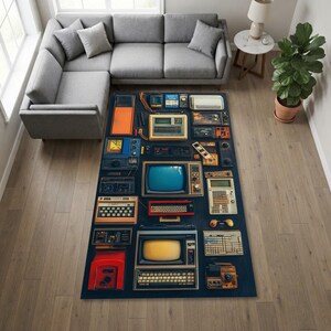 Retro Tech-matta | Vintage-TV-elektronik | Tvättbar halkfri låg lugg | Gamerpresent | Nostalgidekoration från 80-talet