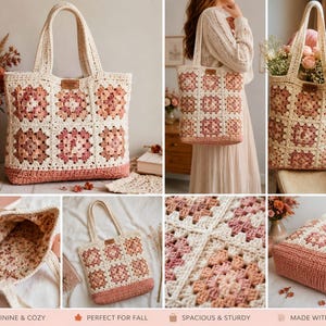 Op de afbeelding: Een gehaakte tote bag met een granny square patroon in tinten crème, oudroze en zachtroze. De tas heeft twee stevige hengsels, een effen roze onderkant en een voering met bloemenprint. Aan de voorzijde zit een klein rechthoekig bruin leren label.