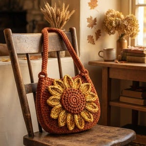 May include: A rust-colored crochet shoulder bag featuring a large, three-dimensional sunflower applique on the front. The bag has a single strap and is constructed with a textured yarn stitch, showcasing a dark brown center and yellow petals.