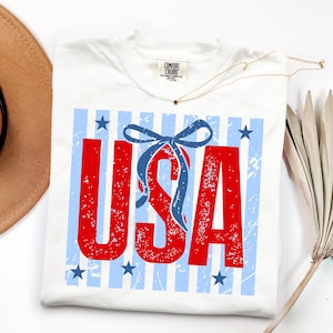 USA Preppy Stripes DTF Transfer, Stars Blue Red Coquette Bow Patriotic Ready To Press Dtf, Preppy 4TH Of July Dtf Print, Girly USA Iron On
