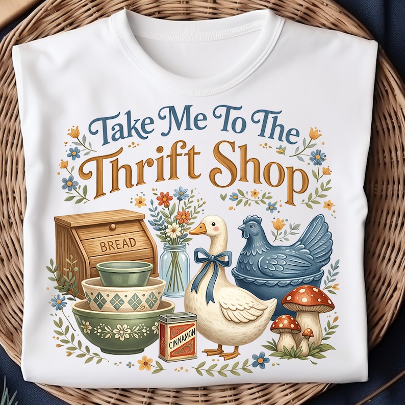 May include: White t-shirt with a colorful graphic design featuring a goose, chicken, mushrooms, bowls, and a bread box. The text "Take Me To The Thrift Shop" is displayed in a decorative font. The design is surrounded by floral elements.