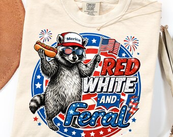 Funny Raccoon USA DTF Transfer, Red White And Feral Ready To Press Dtf, Funny Patriotic Dtf Print, 4th of July Patriotic Dtf, Hotdog Raccoon